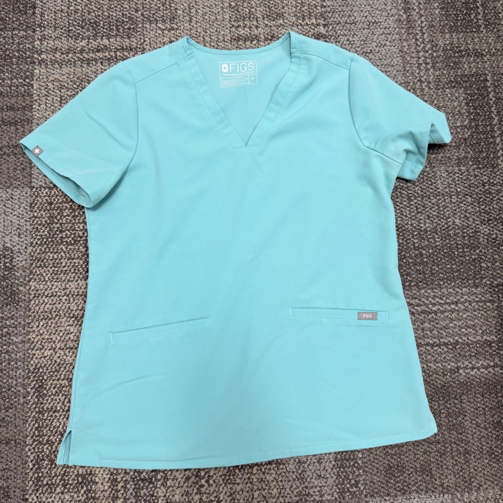 FIGS Casma Scrub Top Womens Medium Sea Glass Solid V-Neck Short Sleeve Pockets